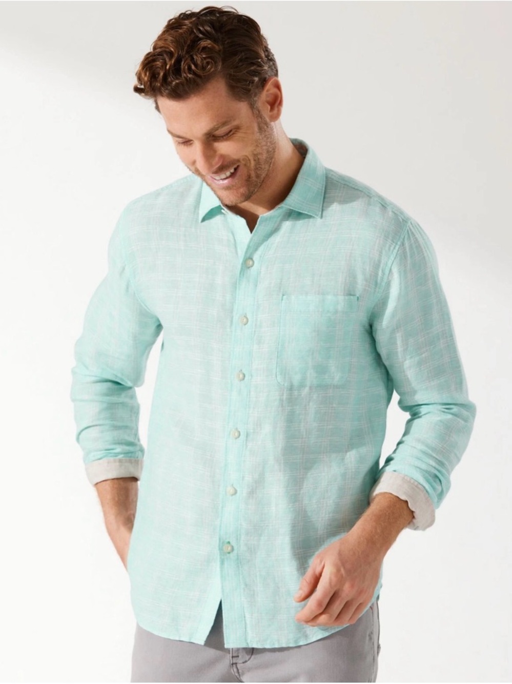 Tommy Bahama Mint Green Linen Long-Sleeve Button-Down Shirt